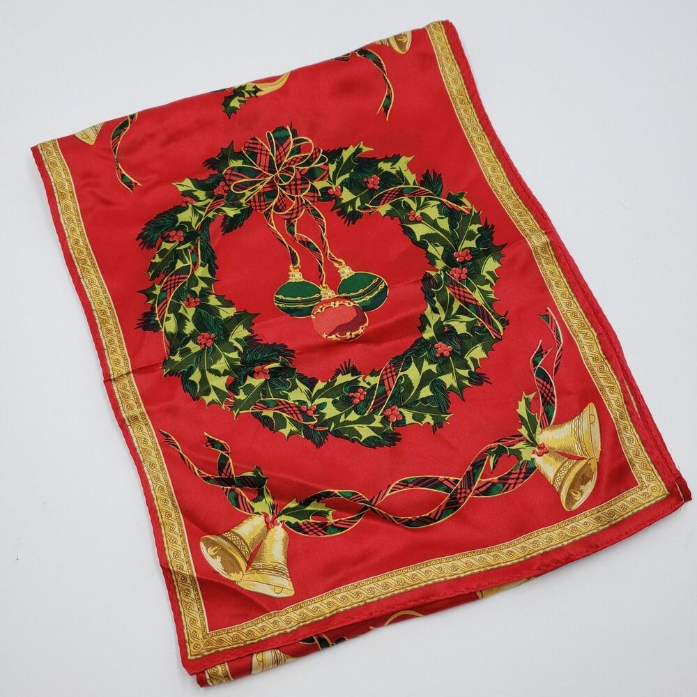 Holiday Wreath Christmas Scarf 50x10 Red Green Gold Silk Like Purse Wrap VTG